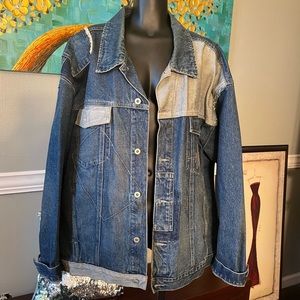 Light blue denim jacket button down front lighter blue trim
